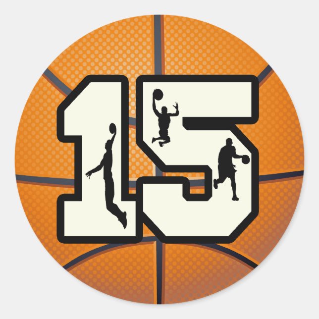 Number 15 Basketball and Players Classic Round Sticker (Front)