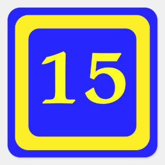 number 15, blue background, yellow frame square sticker