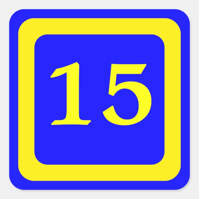 number 15, blue background, yellow frame square sticker (Front)