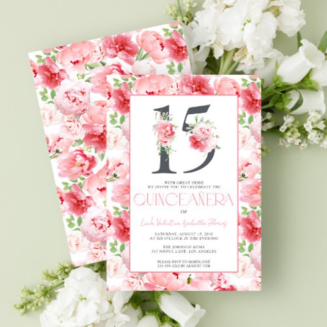 Number 15 Elegant Pink Floral Modern Quinceañera Invitation (Creator Uploaded)