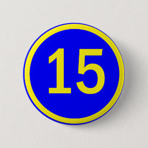 number 15 in a circle 6 cm round badge