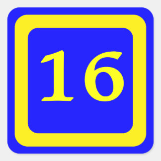 number 16, blue background, yellow frame square sticker