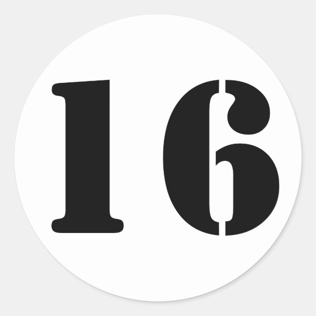 Number 16 Sixteen White Stencil Numbers by Janz Classic Round Sticker (Front)