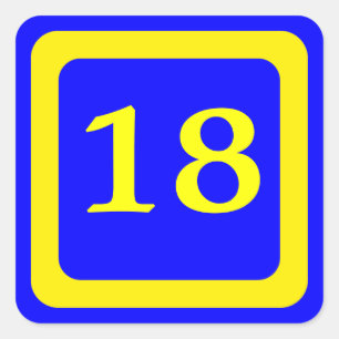 number 18, blue background, yellow frame square sticker