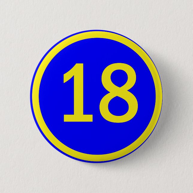 number 18 in a circle 6 cm round badge (Front)