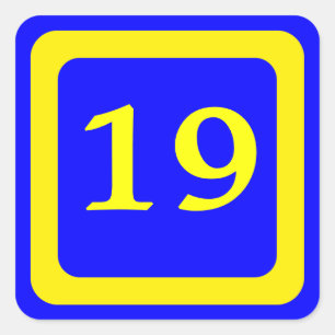 number 19, blue background, yellow frame square sticker