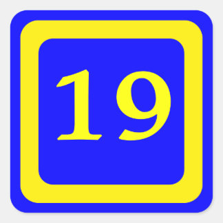 number 19, blue background, yellow frame square sticker