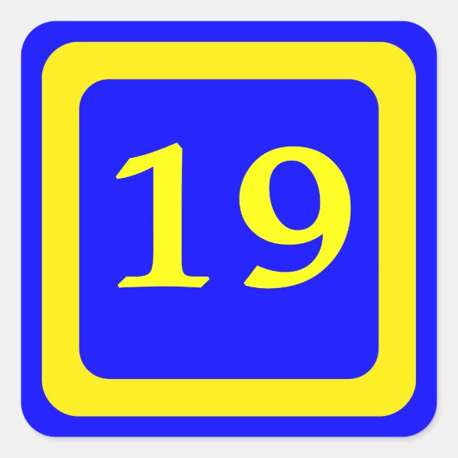 number 19, blue background, yellow frame square sticker (Front)