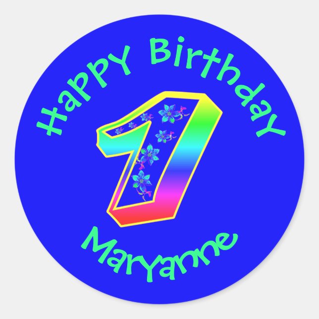 Number 1 Birthday Party Flowers Stickers (Front)