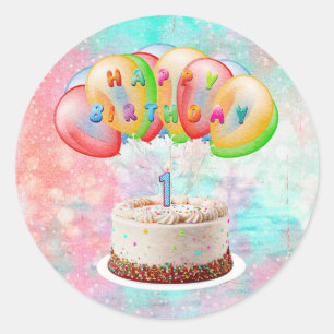 Number 1 Candle on Cake, Happy Birthday, Colourful Classic Round Sticker