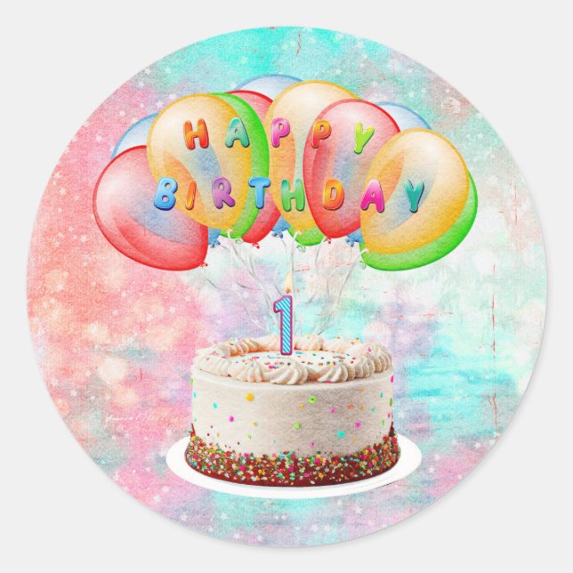 Number 1 Candle on Cake, Happy Birthday, Colourful Classic Round Sticker (Front)