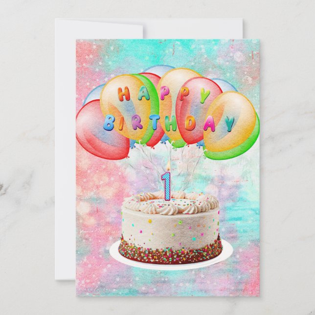 Number 1 Candle on Cake, Happy Birthday, Colourful Save The Date (Front)