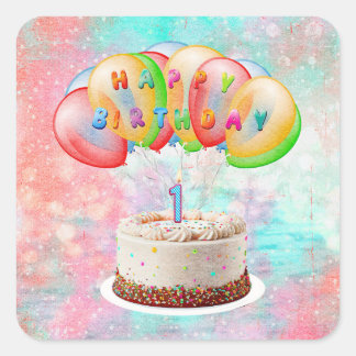 Number 1 Candle on Cake, Happy Birthday, Colourful Square Sticker