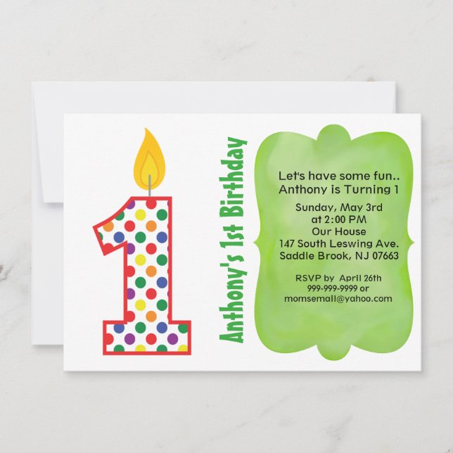 Number 1 Colourful Polka Dot Birthday Invitation (Front)