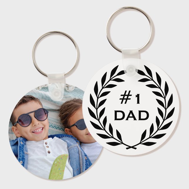 Number 1 Dad Laurel Wreath Custom Photo Black Key Ring (Creator Uploaded)