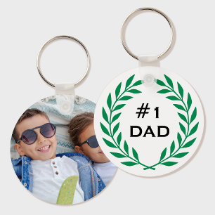 Number 1 Dad Laurel Wreath Custom Photo Green Key Ring