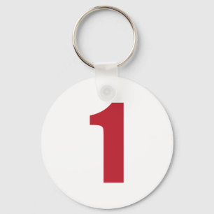 Number 1  in red on white button keychain