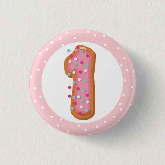Number 1 One Pink Iced Doughnuts Baby First Birthd 3 Cm Round Badge (Front)