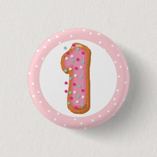 Number 1 One Pink Iced Doughnuts Baby First Birthd 3 Cm Round Badge