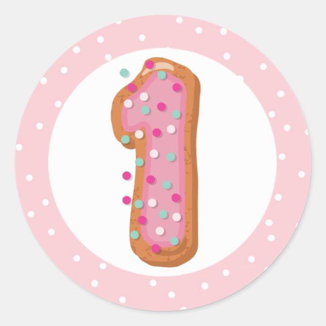 Number 1 One Pink Iced Doughnuts Baby First Birthd Classic Round Sticker (Front)