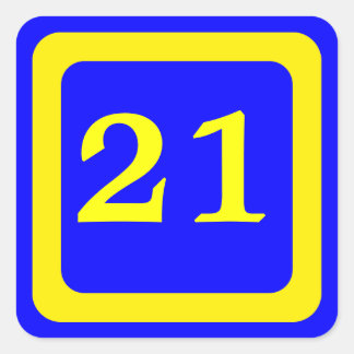 number 21, blue background, yellow frame square sticker