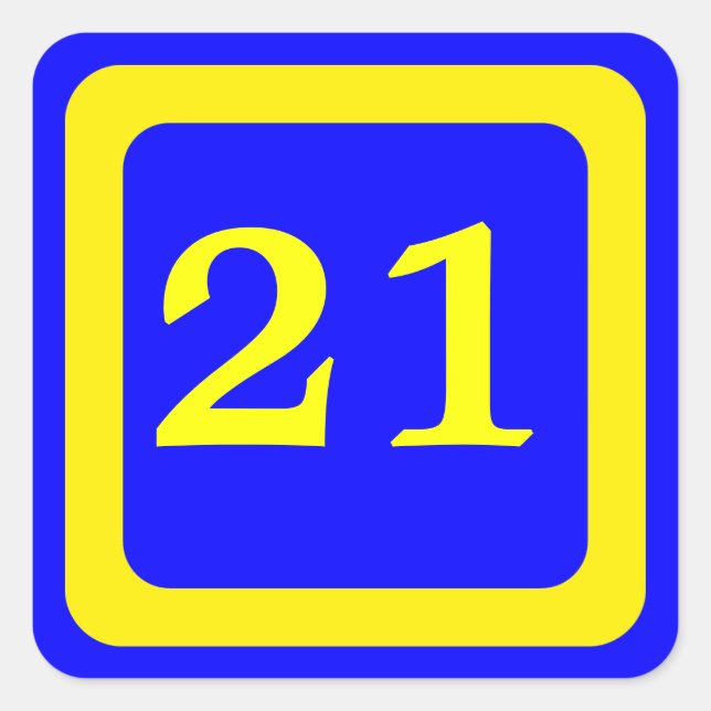 number 21, blue background, yellow frame square sticker (Front)