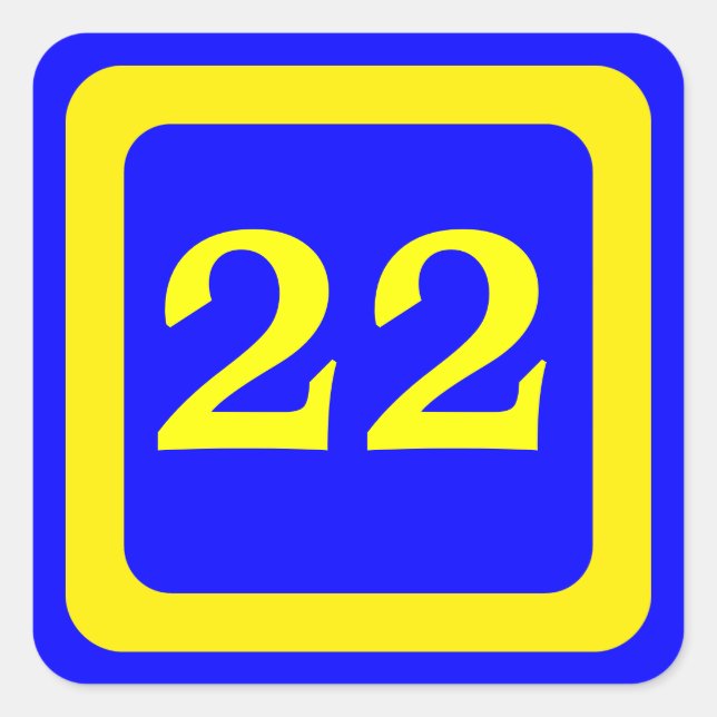 number 22, blue background, yellow frame square sticker (Front)