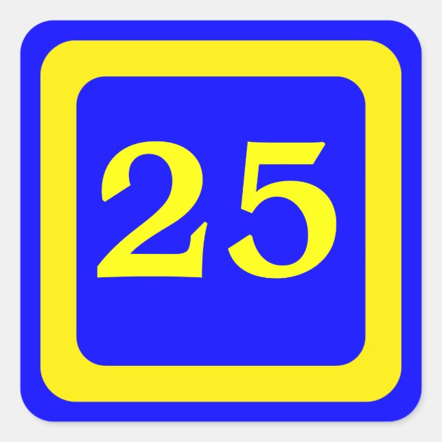 number 25, blue background, yellow frame square sticker (Front)