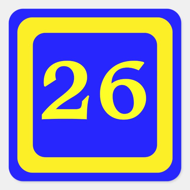 number 26, blue background, yellow frame square sticker (Front)