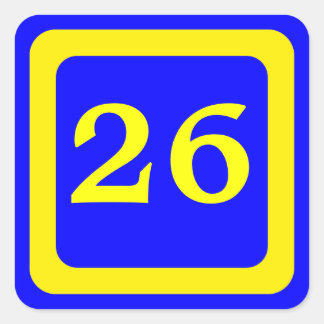 number 26, blue background, yellow frame square sticker