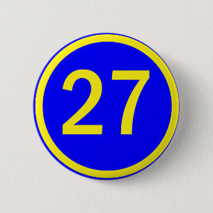 number 27 in a circle 6 cm round badge