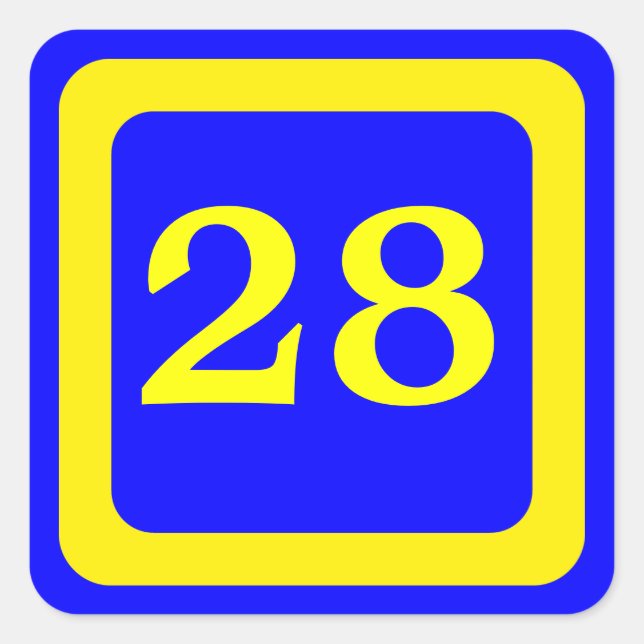 number 28, blue background, yellow frame square sticker (Front)