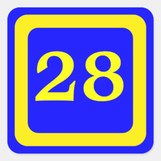 number 28, blue background, yellow frame square sticker