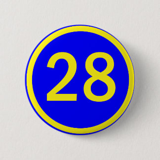 number 28 in a circle 6 cm round badge