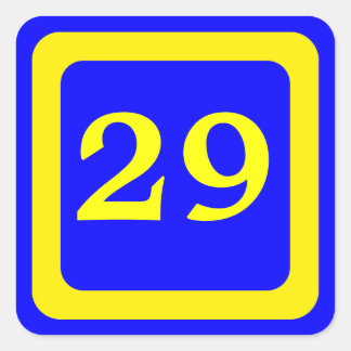 number 29, blue background, yellow frame square sticker