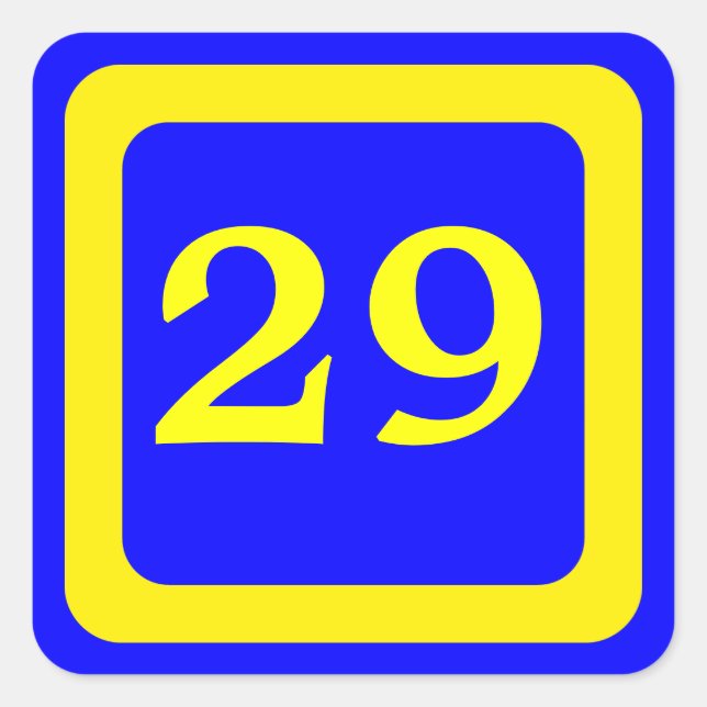 number 29, blue background, yellow frame square sticker (Front)