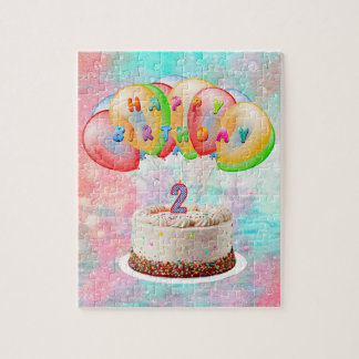 Number 2 Candle on Cake, Happy Birthday, Colourful Jigsaw Puzzle
