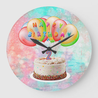 Number 2 Candle on Cake, Happy Birthday, Colourful Large Clock