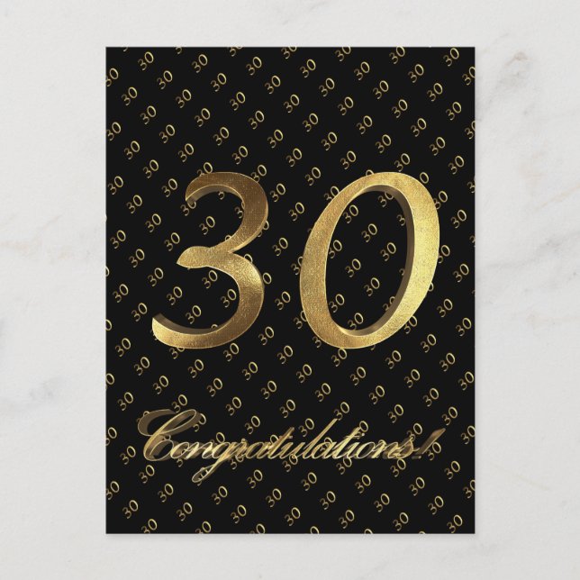 Number 30 Black Gold 30th Birthday Anniversary Postcard (Front)