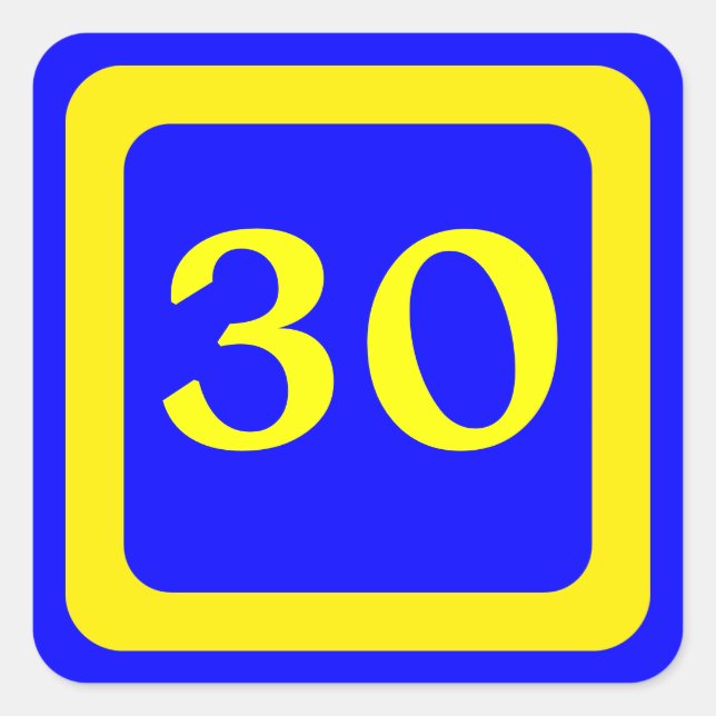 number 30, blue background, yellow frame square sticker (Front)