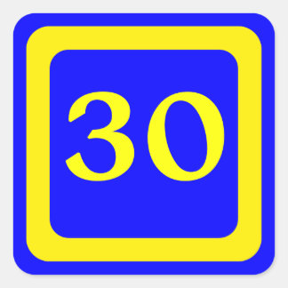 number 30, blue background, yellow frame square sticker