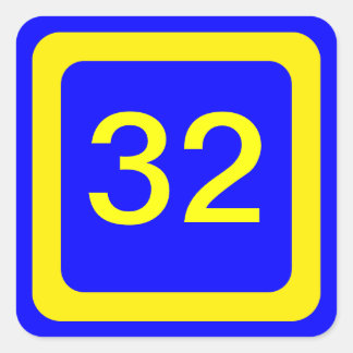 number 32, blue background, yellow frame square sticker