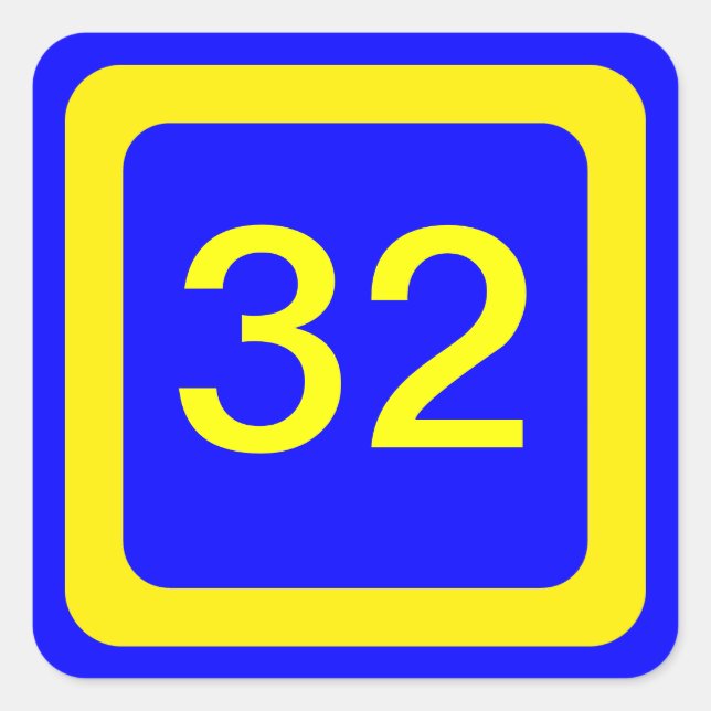 number 32, blue background, yellow frame square sticker (Front)