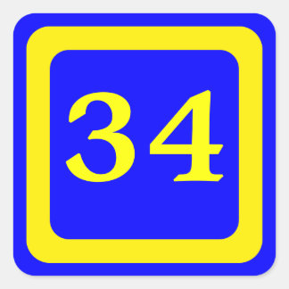 number 34, blue background, yellow frame square sticker