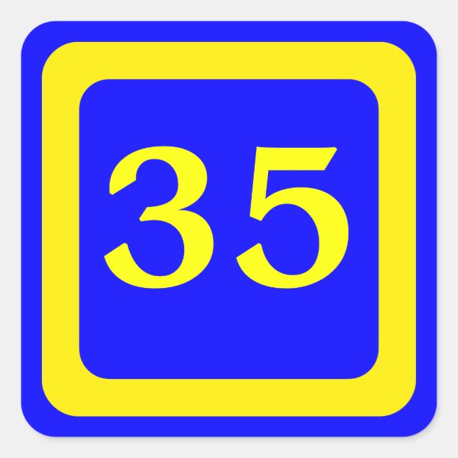number 35, blue background, yellow frame square sticker (Front)