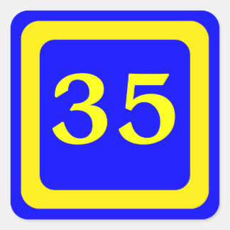 number 35, blue background, yellow frame square sticker