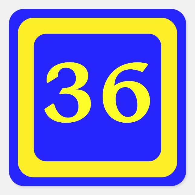number 36, blue background, yellow frame square sticker (Front)