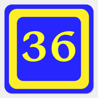 number 36, blue background, yellow frame square sticker