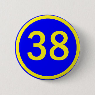 number 38 in a circle 6 cm round badge