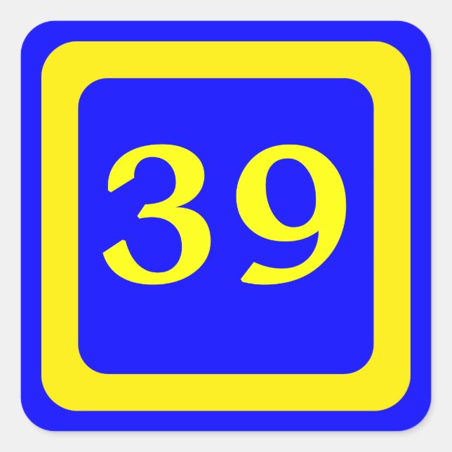 number 39, blue background, yellow frame square sticker (Front)